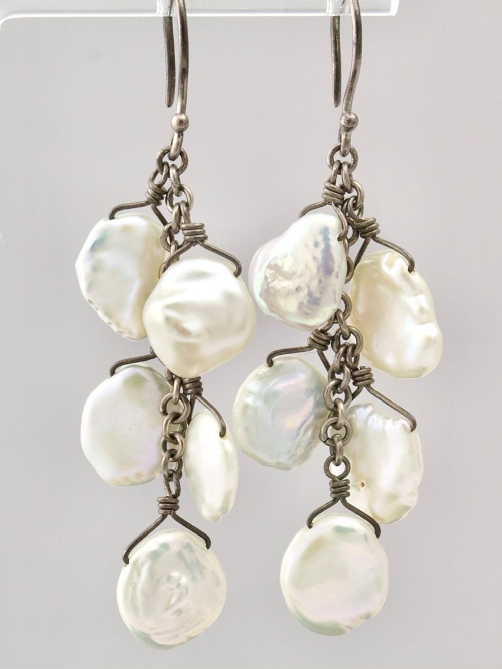 Vintage Keshi Pearl Sterling Silver Dangle Earrings Cascading Cluster